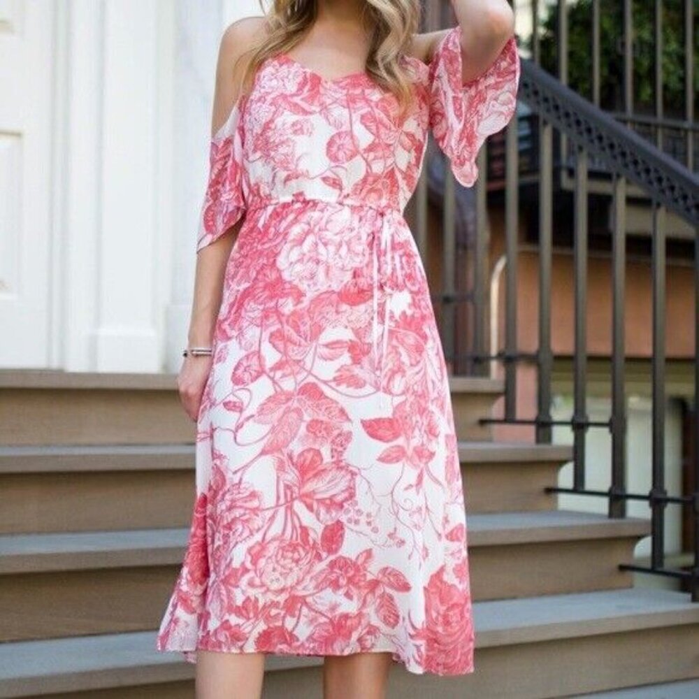 ANN TAYLOR LOFT White Red Midi Botanical Toile Off Shoulder Dress